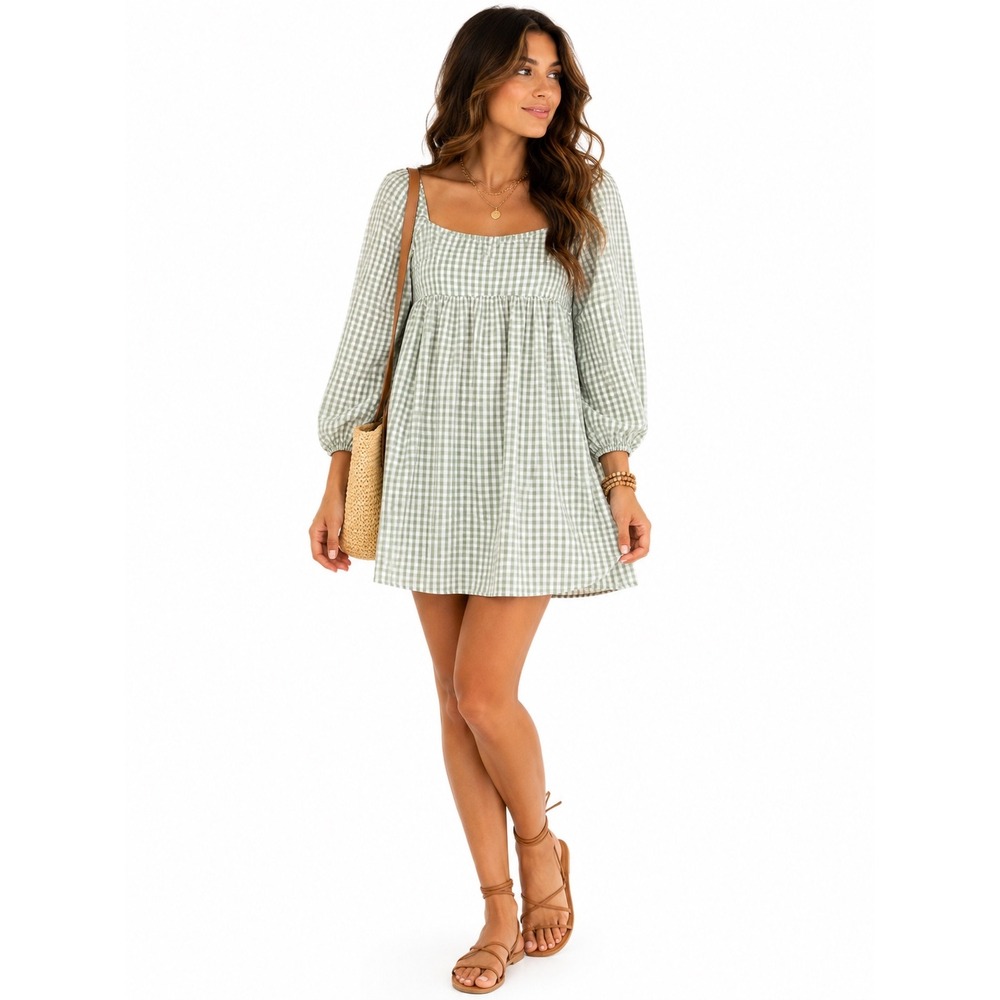 Gianni‎ Bini Gingham Mini Dress 10 Sage Green White Babydoll Smocked Puff Sleeve